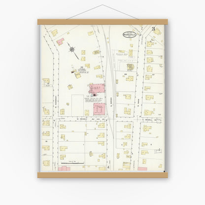 Old map wall art mockup — magnetic wood frame on white wall — Sanborn Fire Insurance Map from Mooresville, Iredell County, North Carolina (1914), Sheet #0003