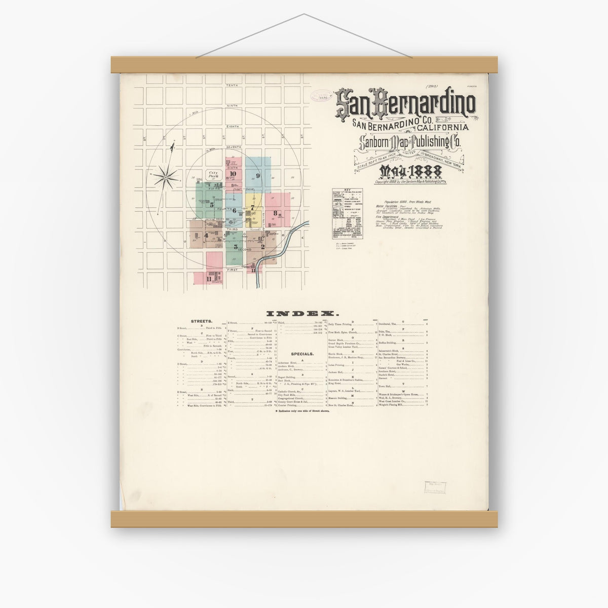 Old map wall art mockup — magnetic wood frame on white wall — Sanborn Fire Insurance Map from San Bernardino, San Bernardino County, California (1888) - Complete Map Set