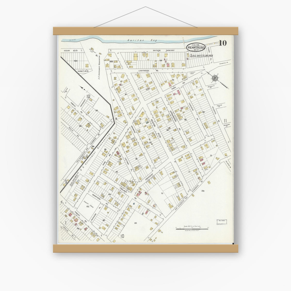 Old map wall art mockup — magnetic wood frame on white wall — Sanborn Fire Insurance Map from Keansburg, Monmouth County, New Jersey (1918), Sheet #0010