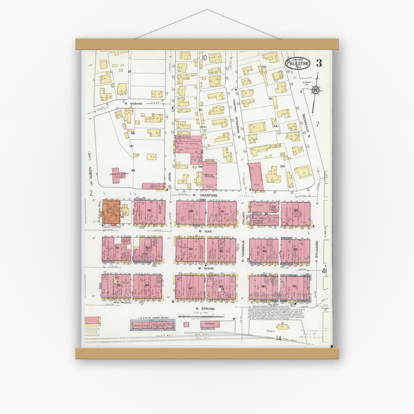 Old map wall art mockup — magnetic wood frame on white wall — Sanborn Fire Insurance Map from Palestine, Anderson County, Texas (1919), Sheet #0003