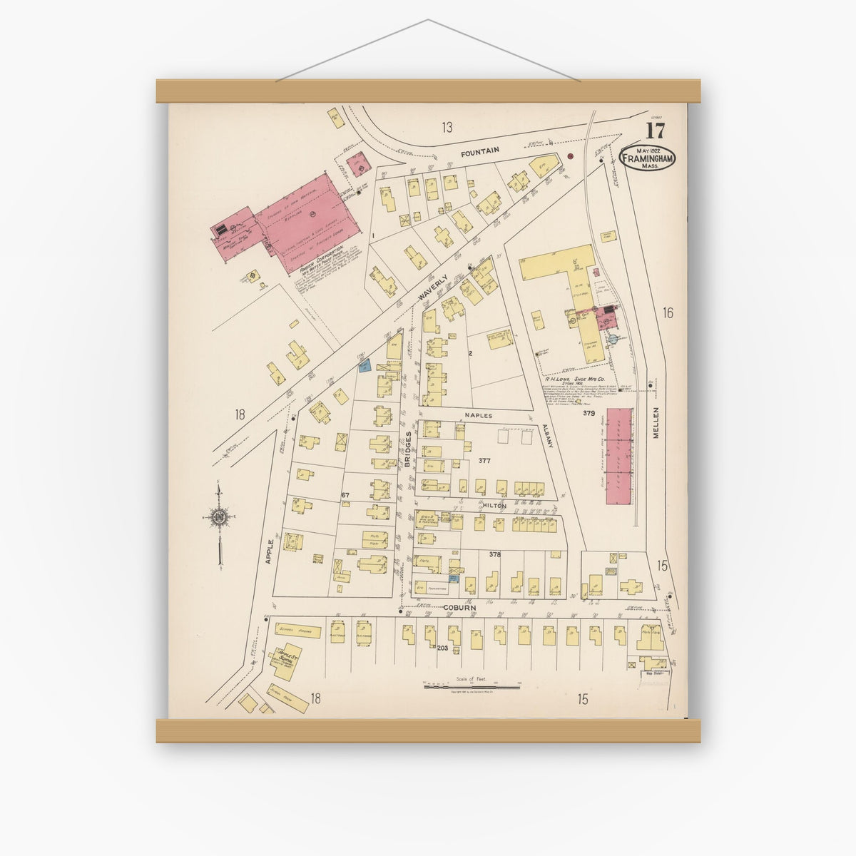 Old map wall art mockup — magnetic wood frame on white wall — Sanborn Fire Insurance Map from Framingham, Middlesex County, Massachusetts (1922), Sheet #0017