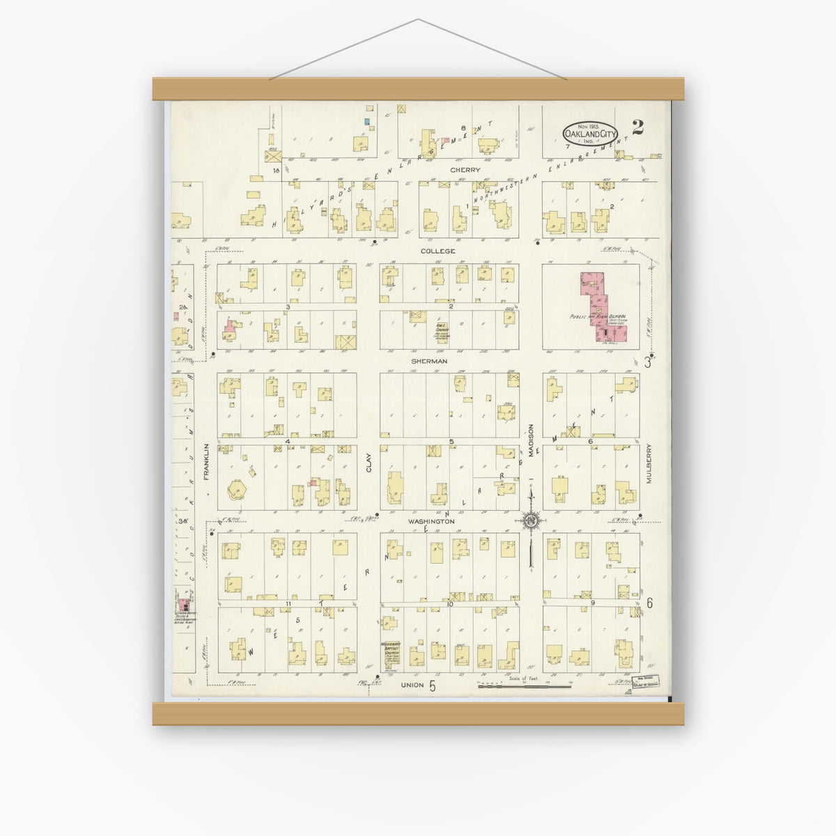 Old map wall art mockup — magnetic wood frame on white wall — Sanborn Fire Insurance Map from Oakland City, Gibson County, Indiana (1913), Sheet #0002
