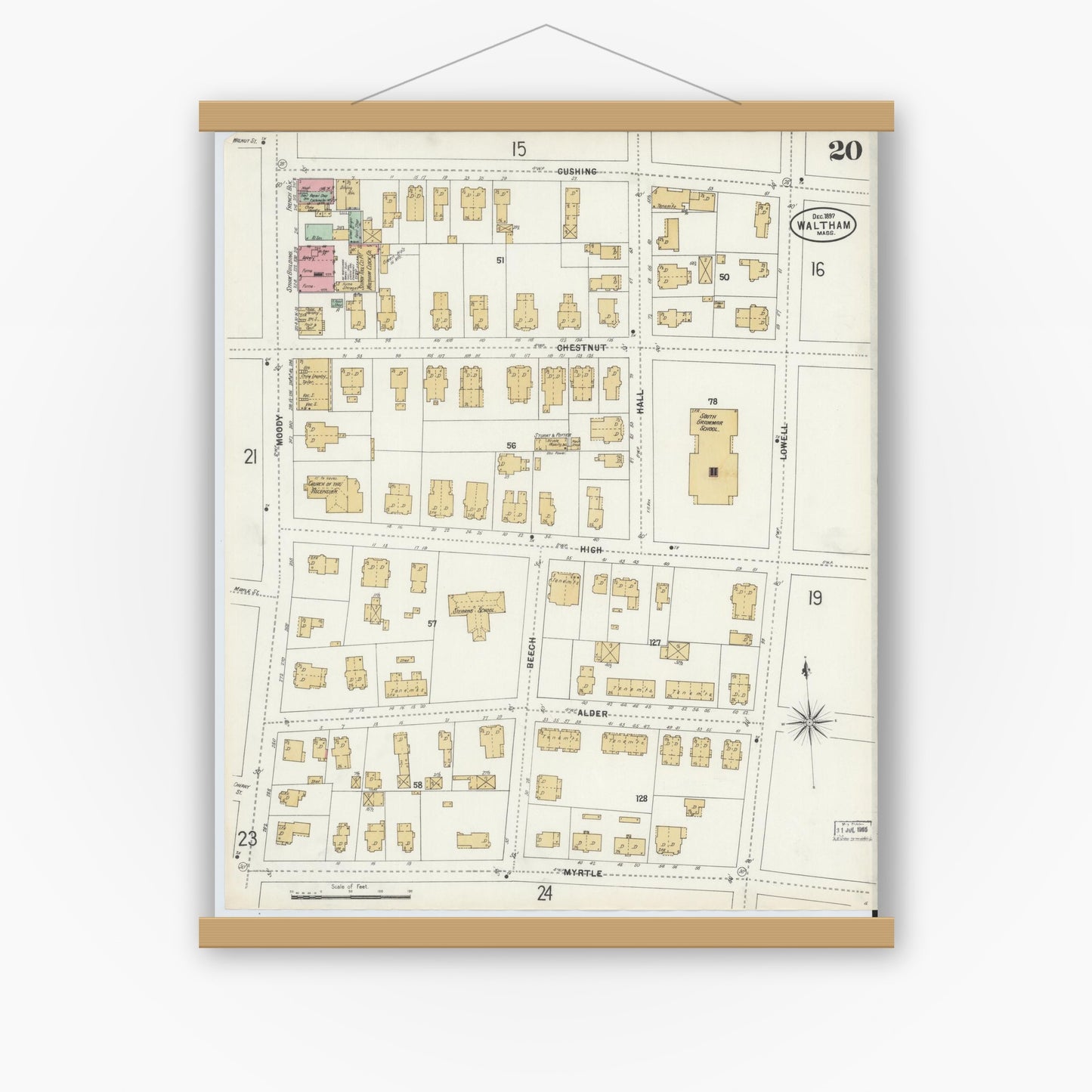 Old map wall art mockup — magnetic wood frame on white wall — Sanborn Fire Insurance Map from Waltham, Middlesex County, Massachusetts (1897), Sheet #0020