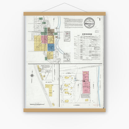Old map wall art mockup — magnetic wood frame on white wall — Sanborn Fire Insurance Map from Monticello, White County, Indiana (1919), Sheet #0001