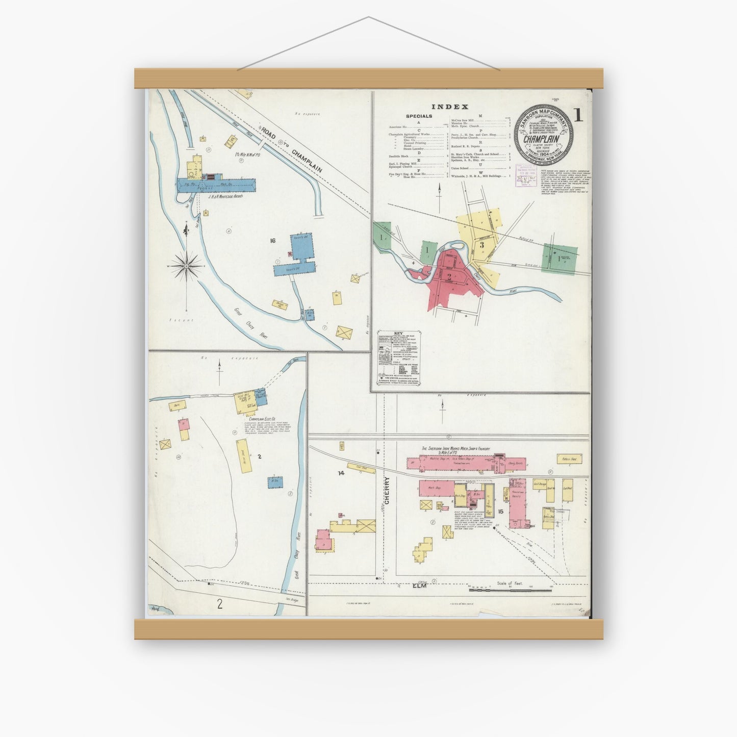 Old map wall art mockup — magnetic wood frame on white wall — Sanborn Fire Insurance Map from Champlain, Clinton County, New York (1904), Sheet #0001