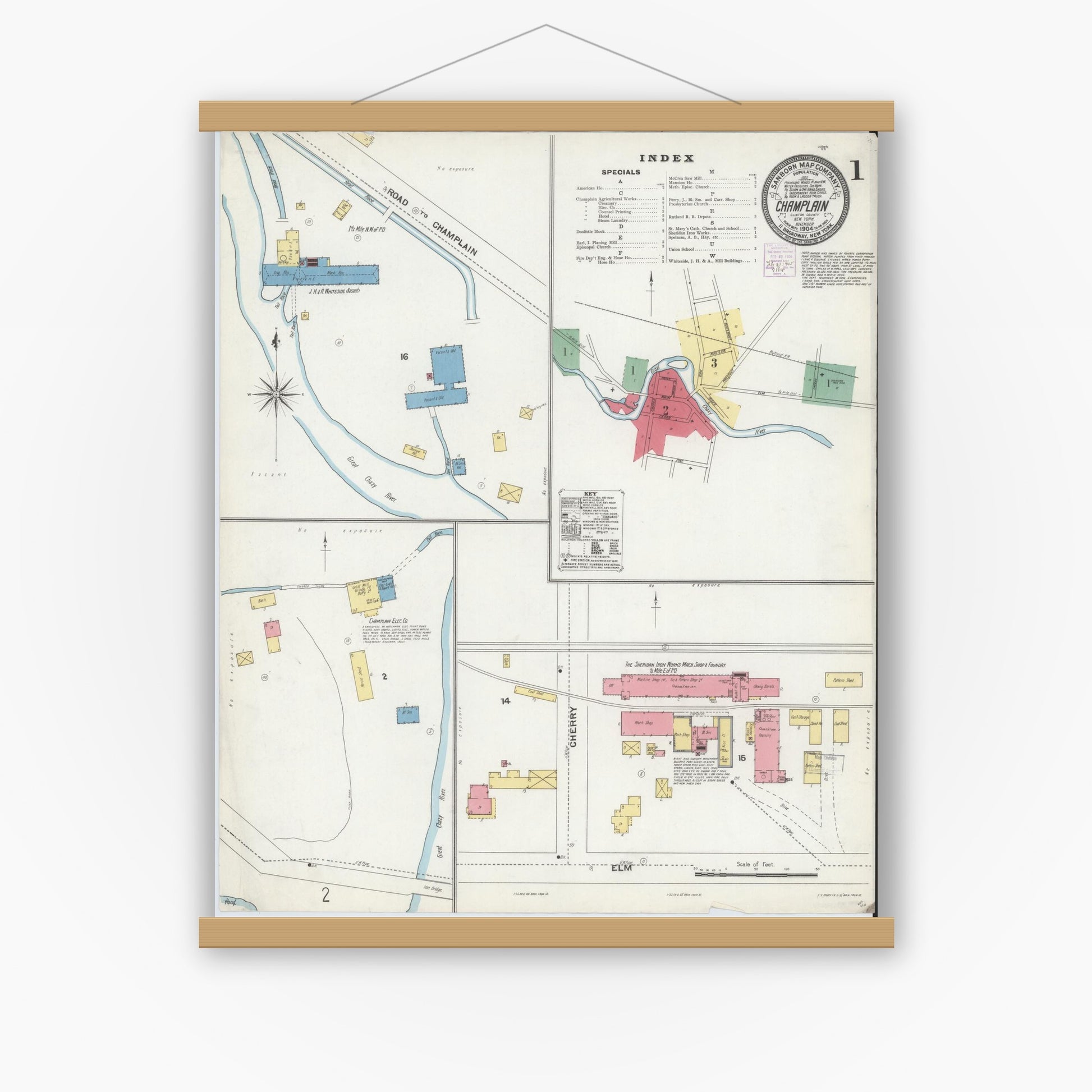 Old map wall art mockup — magnetic wood frame on white wall — Sanborn Fire Insurance Map from Champlain, Clinton County, New York (1904), Sheet #0001