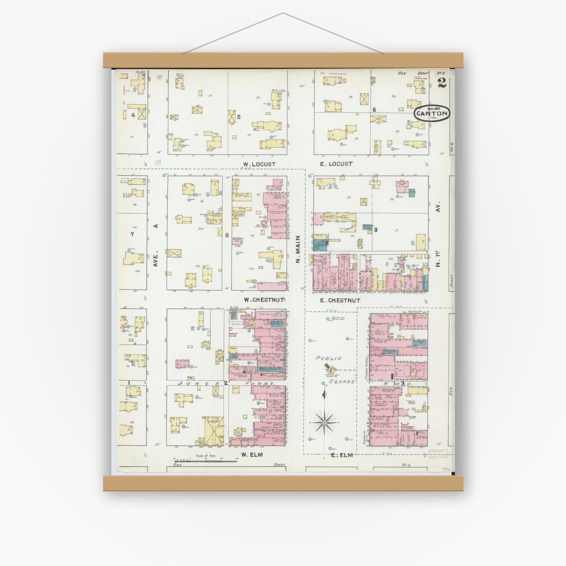 Old map wall art mockup — magnetic wood frame on white wall — Sanborn Fire Insurance Map from Canton, Fulton County, Illinois (1891), Sheet #0002