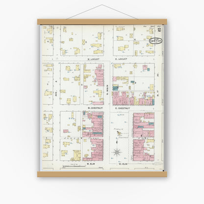 Old map wall art mockup — magnetic wood frame on white wall — Sanborn Fire Insurance Map from Canton, Fulton County, Illinois (1891), Sheet #0002