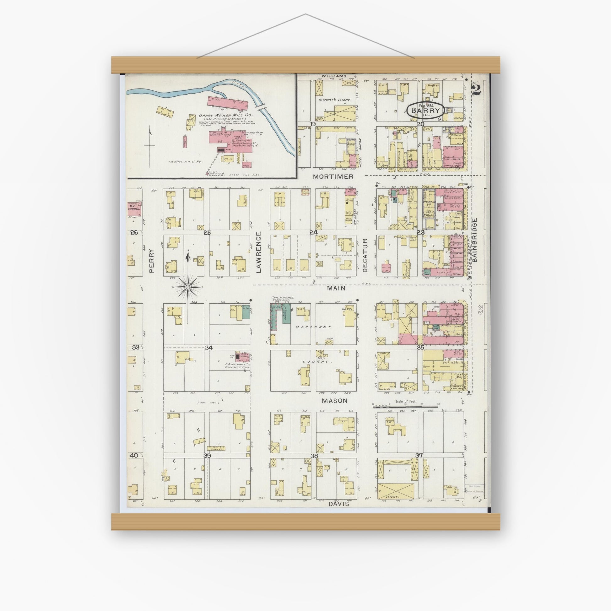 Old map wall art mockup — magnetic wood frame on white wall — Sanborn Fire Insurance Map from Barry, Pike County, Illinois (1894), Sheet #0002