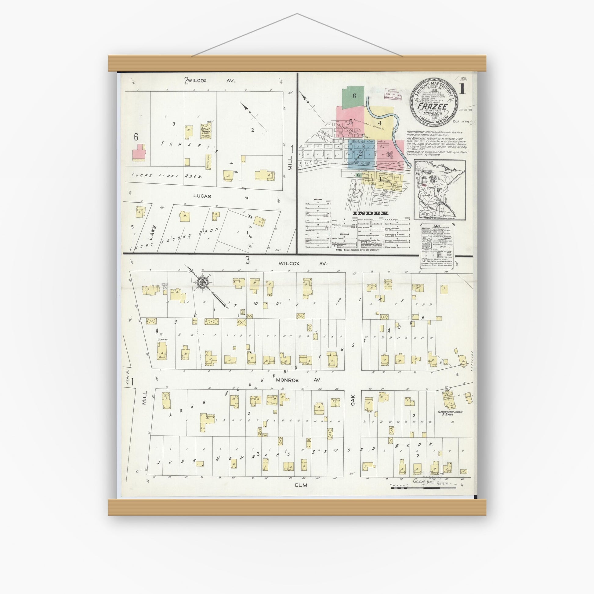 Old map wall art mockup — magnetic wood frame on white wall — Sanborn Fire Insurance Map from Frazee, Becker County, Minnesota (1914), Sheet #0001