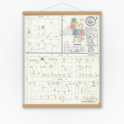 Old map wall art mockup — magnetic wood frame on white wall — Sanborn Fire Insurance Map from Frazee, Becker County, Minnesota (1914), Sheet #0001