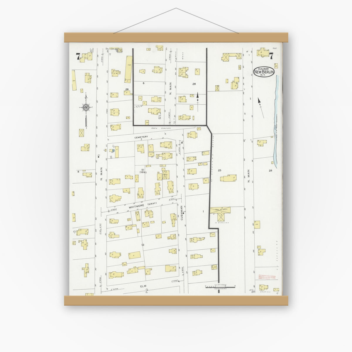Old map wall art mockup — magnetic wood frame on white wall — Sanborn Fire Insurance Map from New Berlin, Chenango County, New York (1929), Sheet #0007