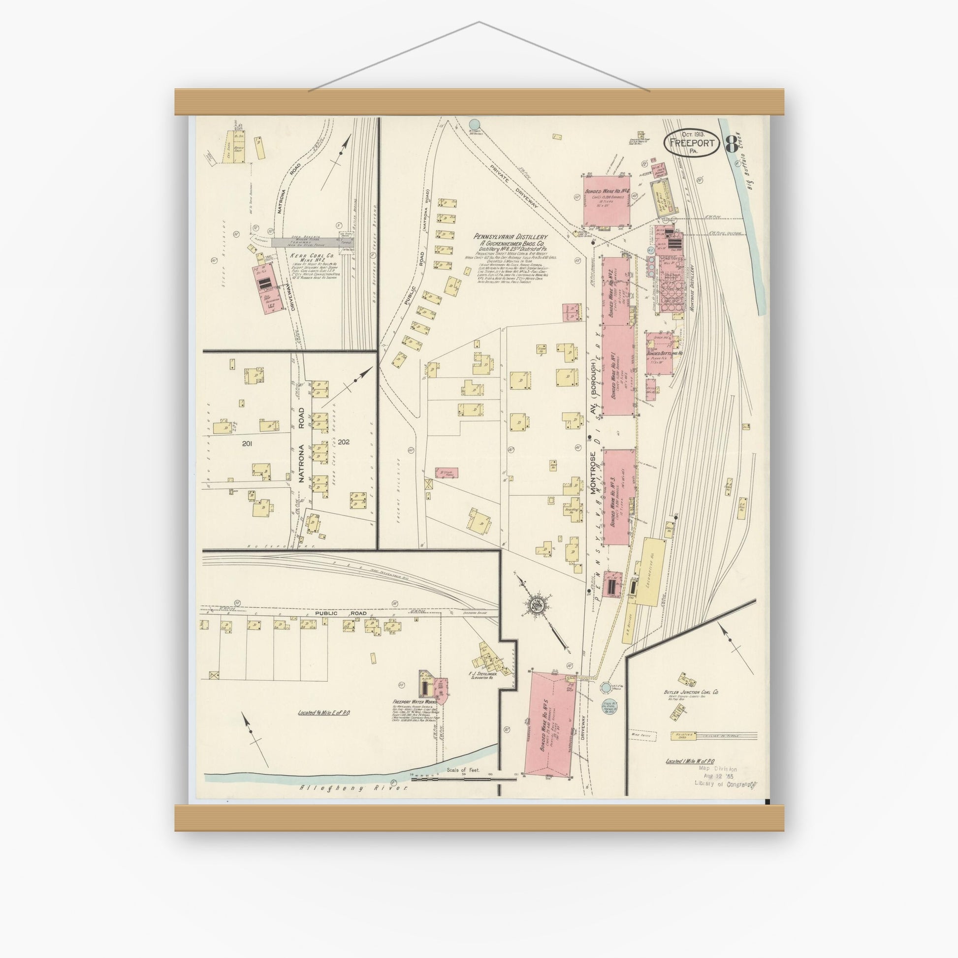 Old map wall art mockup — magnetic wood frame on white wall — Sanborn Fire Insurance Map from Freeport, Armstrong County, Pennsylvania (1913), Sheet #0008