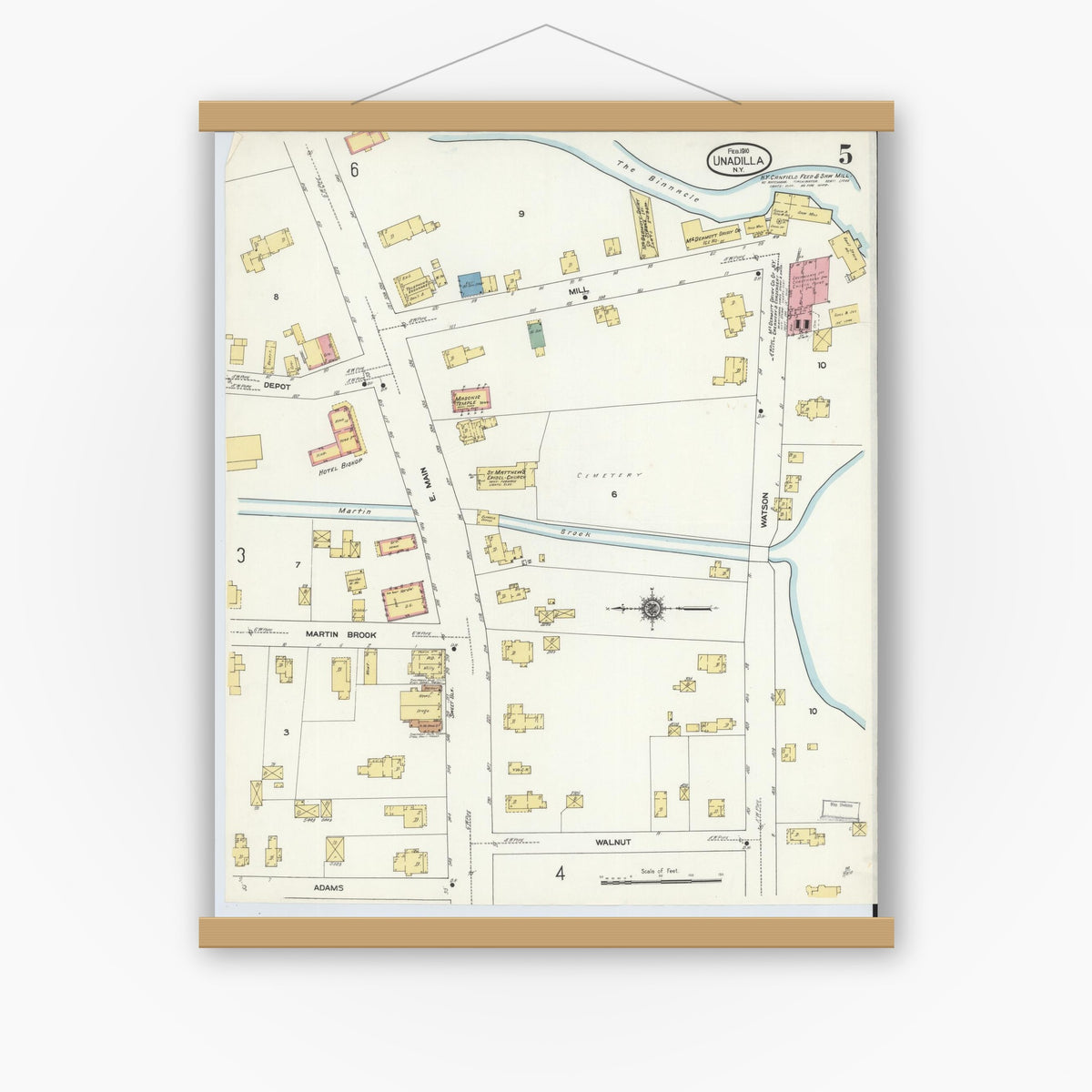 Old map wall art mockup — magnetic wood frame on white wall — Sanborn Fire Insurance Map from Unadilla, Otsego County, New York (1910), Sheet #0005
