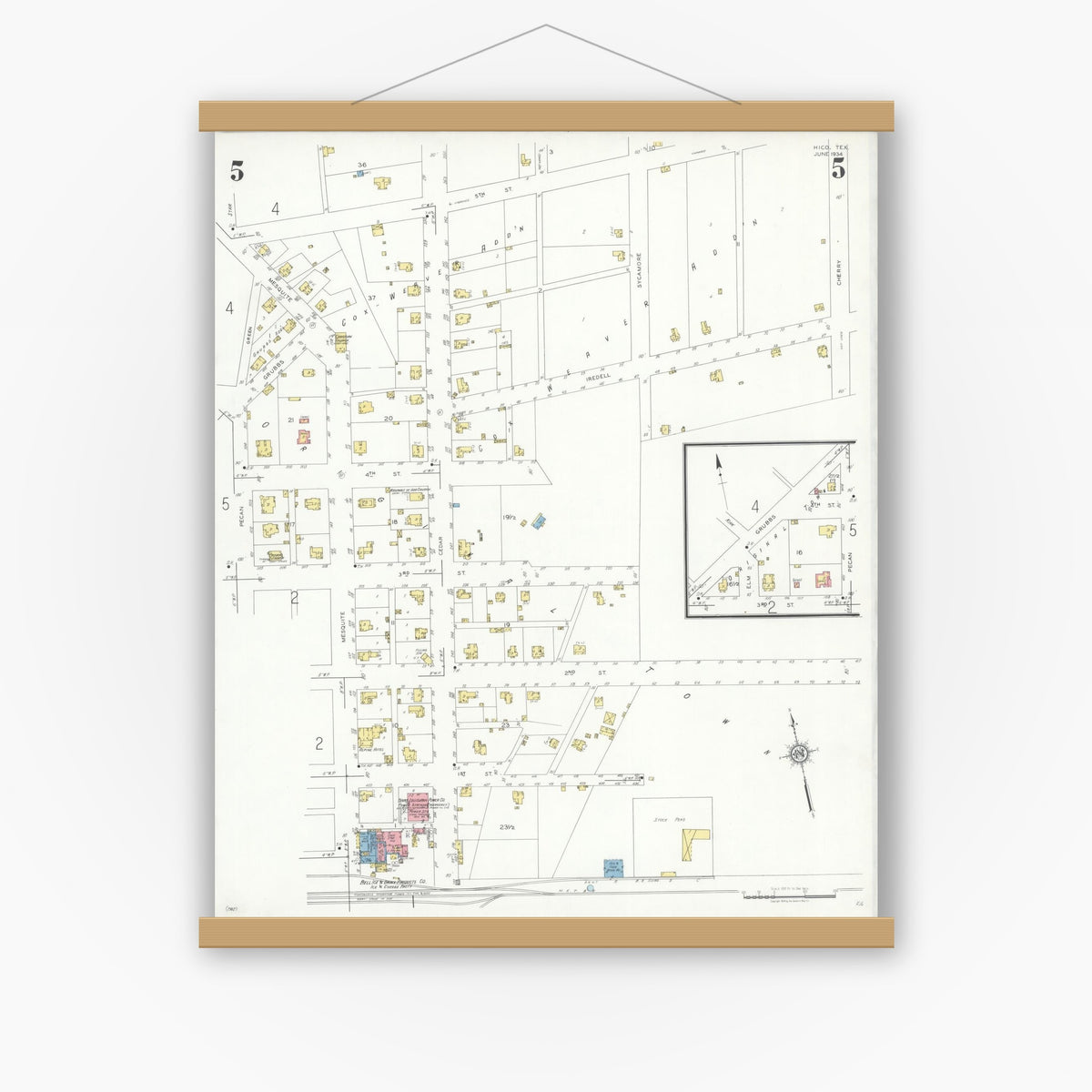 Old map wall art mockup — magnetic wood frame on white wall — Sanborn Fire Insurance Map from Hico, Hamilton County, Texas (1934), Sheet #0005