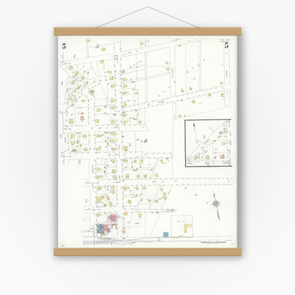 Old map wall art mockup — magnetic wood frame on white wall — Sanborn Fire Insurance Map from Hico, Hamilton County, Texas (1934), Sheet #0005
