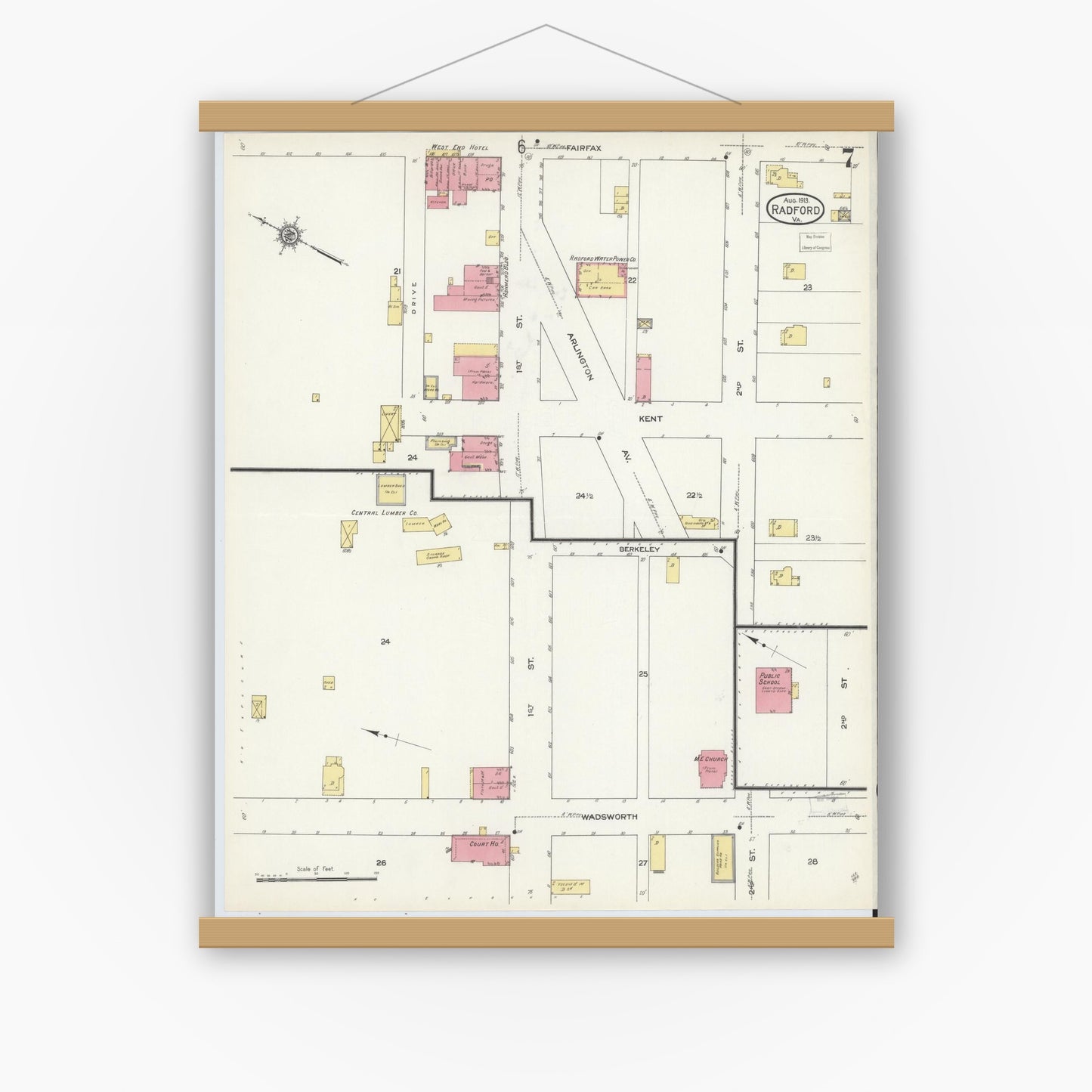 Old map wall art mockup — magnetic wood frame on white wall — Sanborn Fire Insurance Map from Radford, Independent Cities, Virginia (1913), Sheet #0007