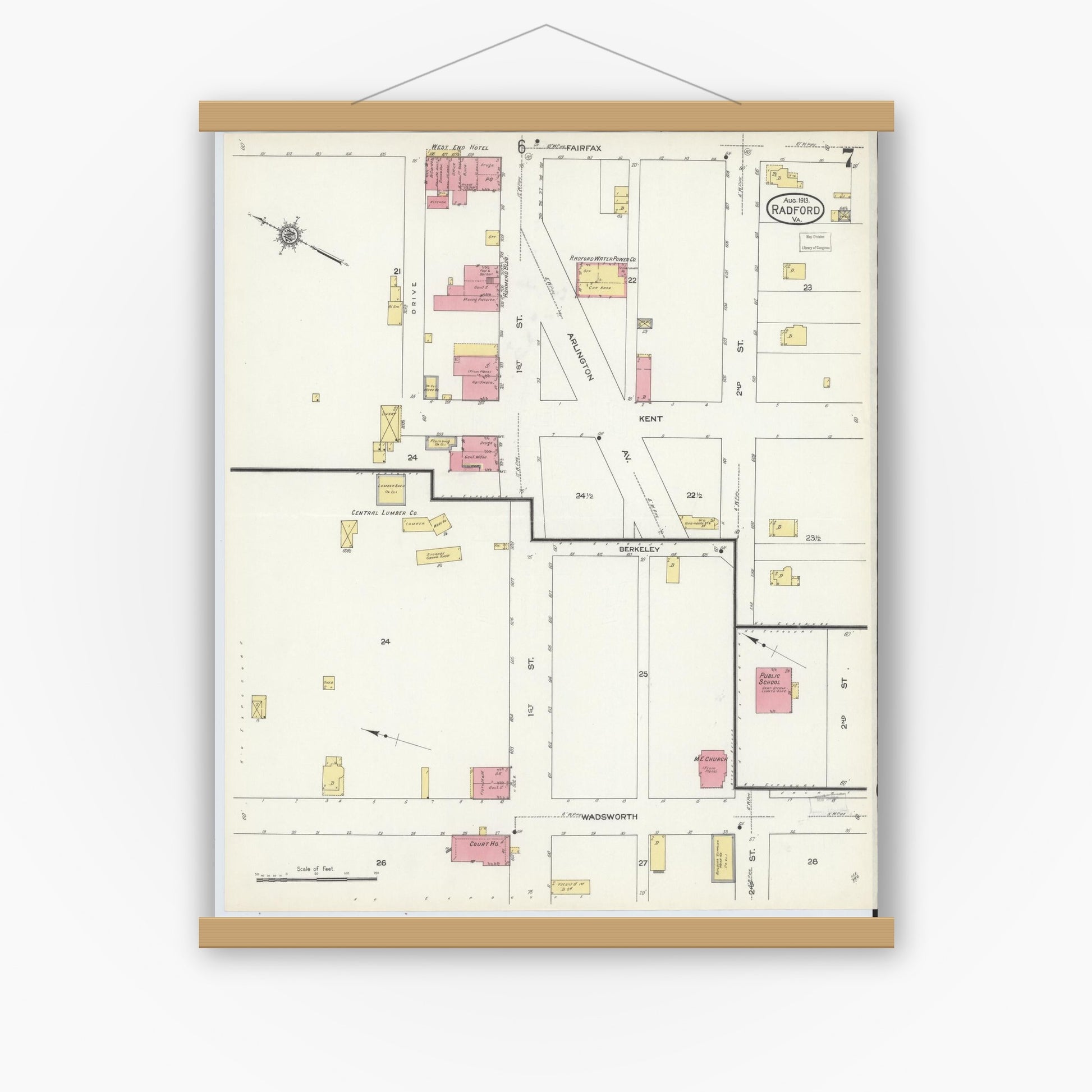 Old map wall art mockup — magnetic wood frame on white wall — Sanborn Fire Insurance Map from Radford, Independent Cities, Virginia (1913), Sheet #0007
