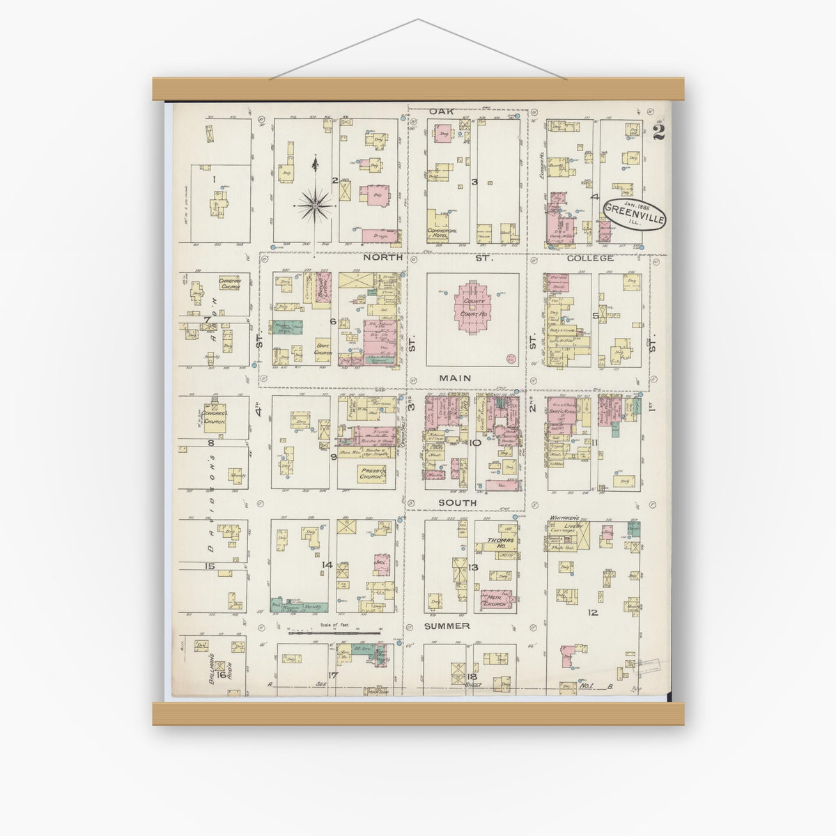Old map wall art mockup — magnetic wood frame on white wall — Sanborn Fire Insurance Map from Greenville, Bond County, Illinois (1886), Sheet #0002