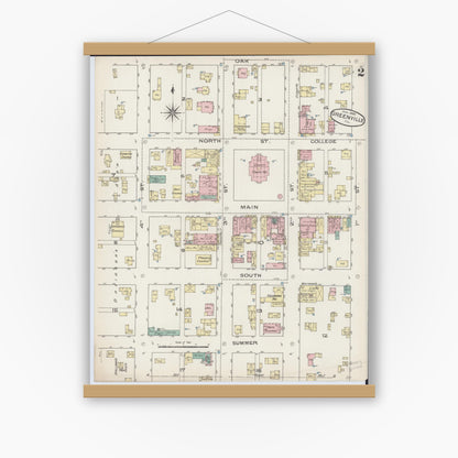 Old map wall art mockup — magnetic wood frame on white wall — Sanborn Fire Insurance Map from Greenville, Bond County, Illinois (1886), Sheet #0002