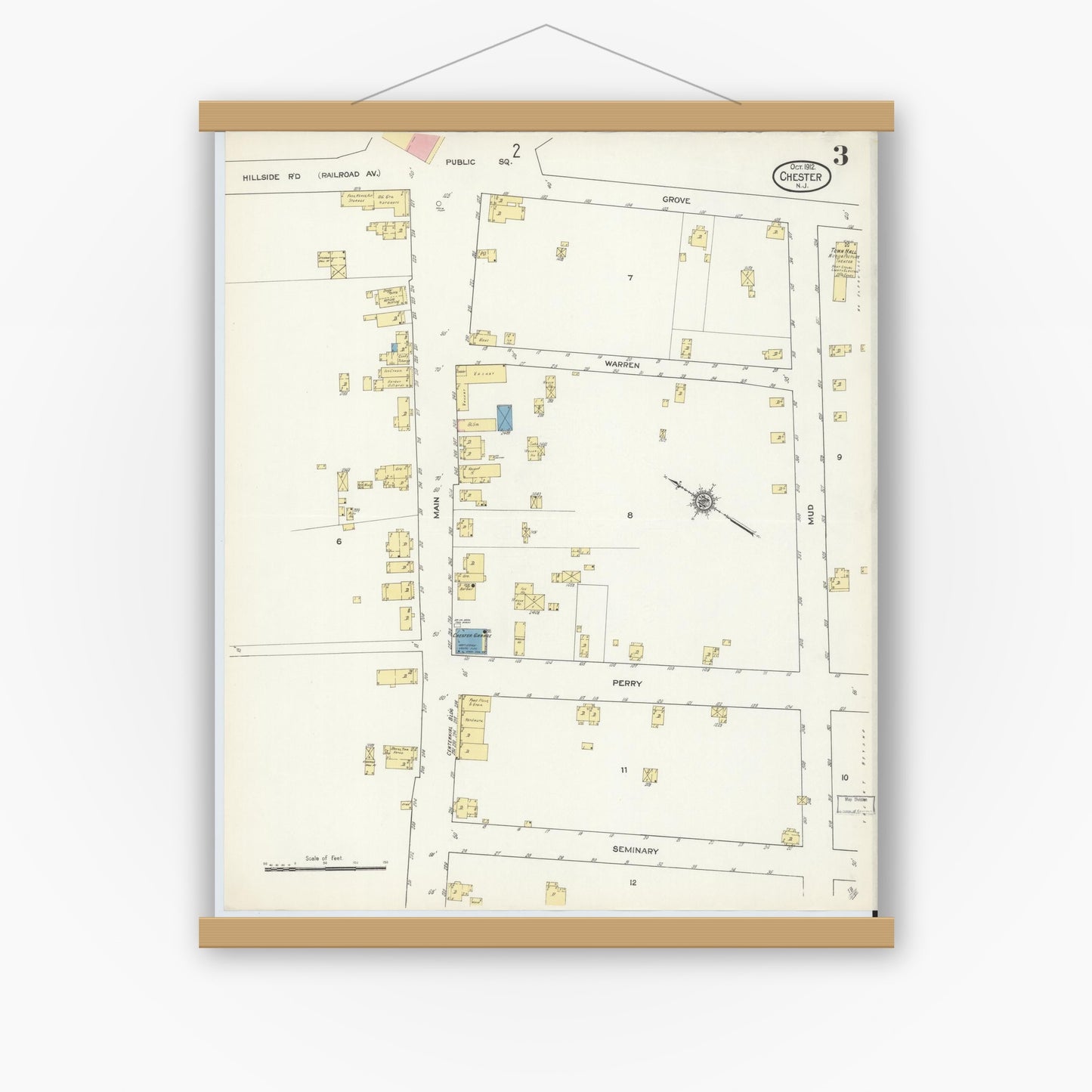 Old map wall art mockup — magnetic wood frame on white wall — Sanborn Fire Insurance Map from Chester, Morris County, New Jersey (1912), Sheet #0003
