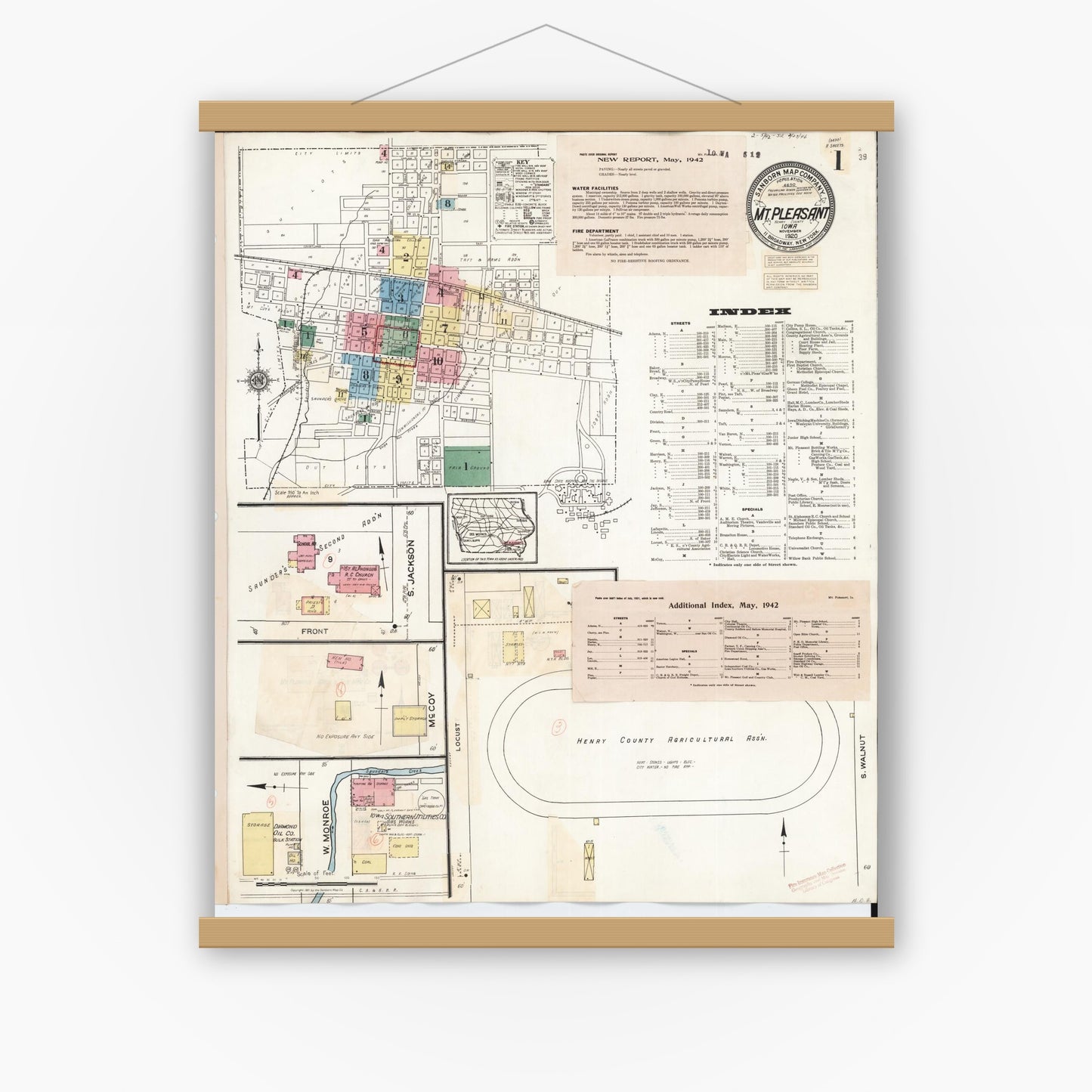 Old map wall art mockup — magnetic wood frame on white wall — Sanborn Fire Insurance Map from Mount Pleasant, Henry County, Iowa (1942), Sheet #0001