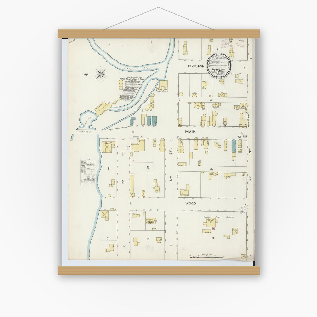 Old map wall art mockup — magnetic wood frame on white wall — Sanborn Fire Insurance Map from Hersey, Osceola County, Michigan (1893), Sheet #0001