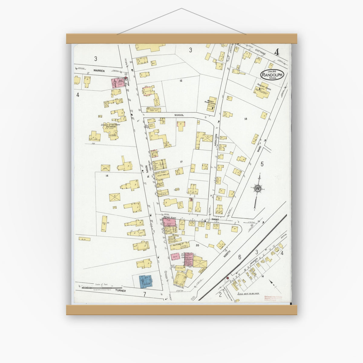 Old map wall art mockup — magnetic wood frame on white wall — Sanborn Fire Insurance Map from Randolph, Norfolk County, Massachusetts (1919), Sheet #0004