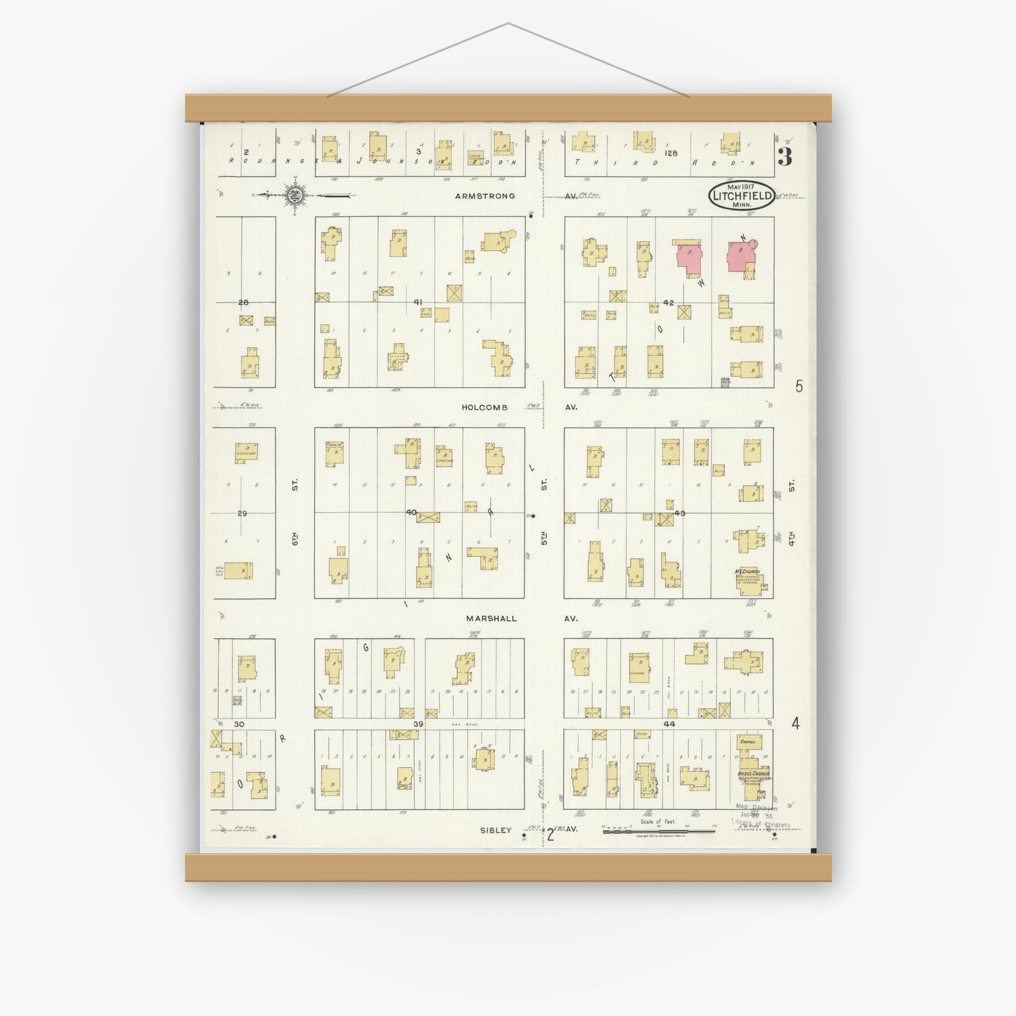 Old map wall art mockup — magnetic wood frame on white wall — Sanborn Fire Insurance Map from Litchfield, Meeker County, Minnesota (1917), Sheet #0003
