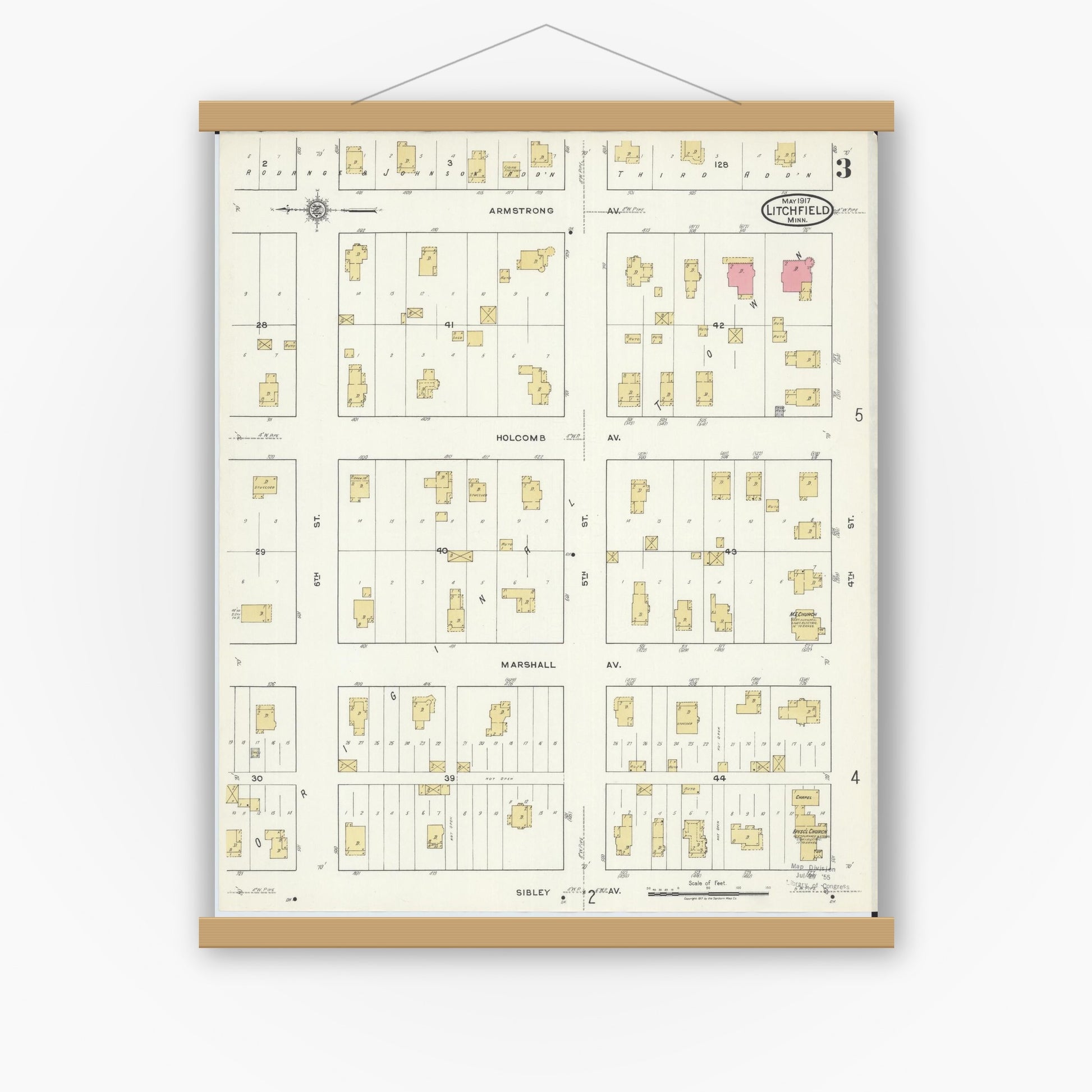 Old map wall art mockup — magnetic wood frame on white wall — Sanborn Fire Insurance Map from Litchfield, Meeker County, Minnesota (1917), Sheet #0003