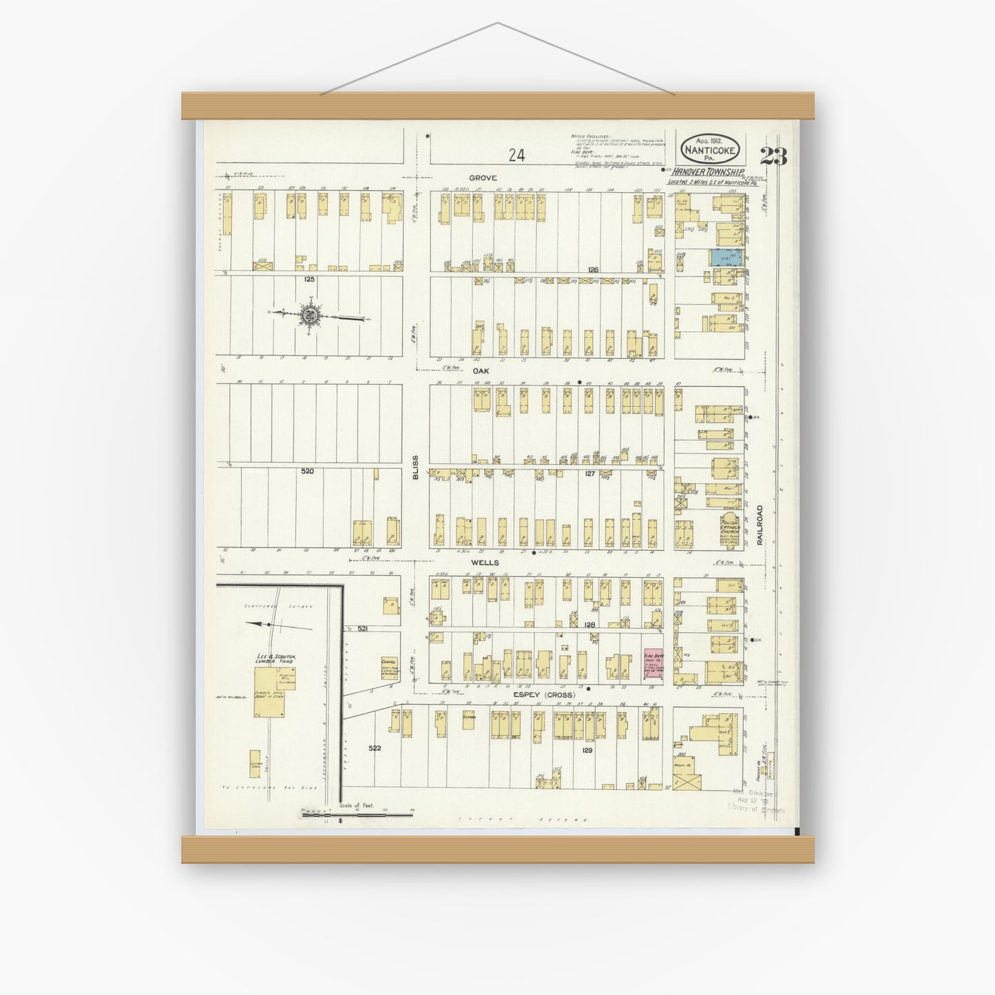 Old map wall art mockup — magnetic wood frame on white wall — Sanborn Fire Insurance Map from Nanticoke, Luzerne County, Pennsylvania (1912), Sheet #0023