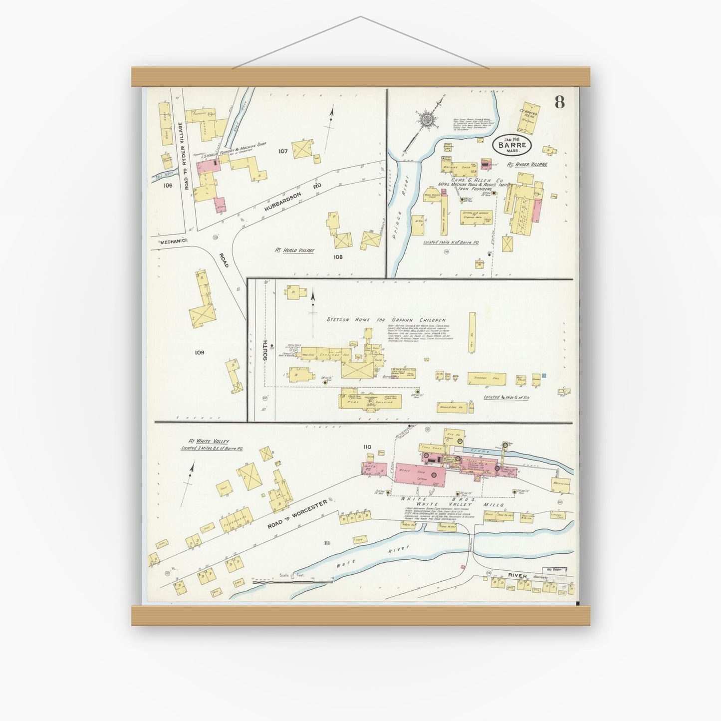 Old map wall art mockup — magnetic wood frame on white wall — Sanborn Fire Insurance Map from Barre, Worcester County, Massachusetts (1911), Sheet #0008