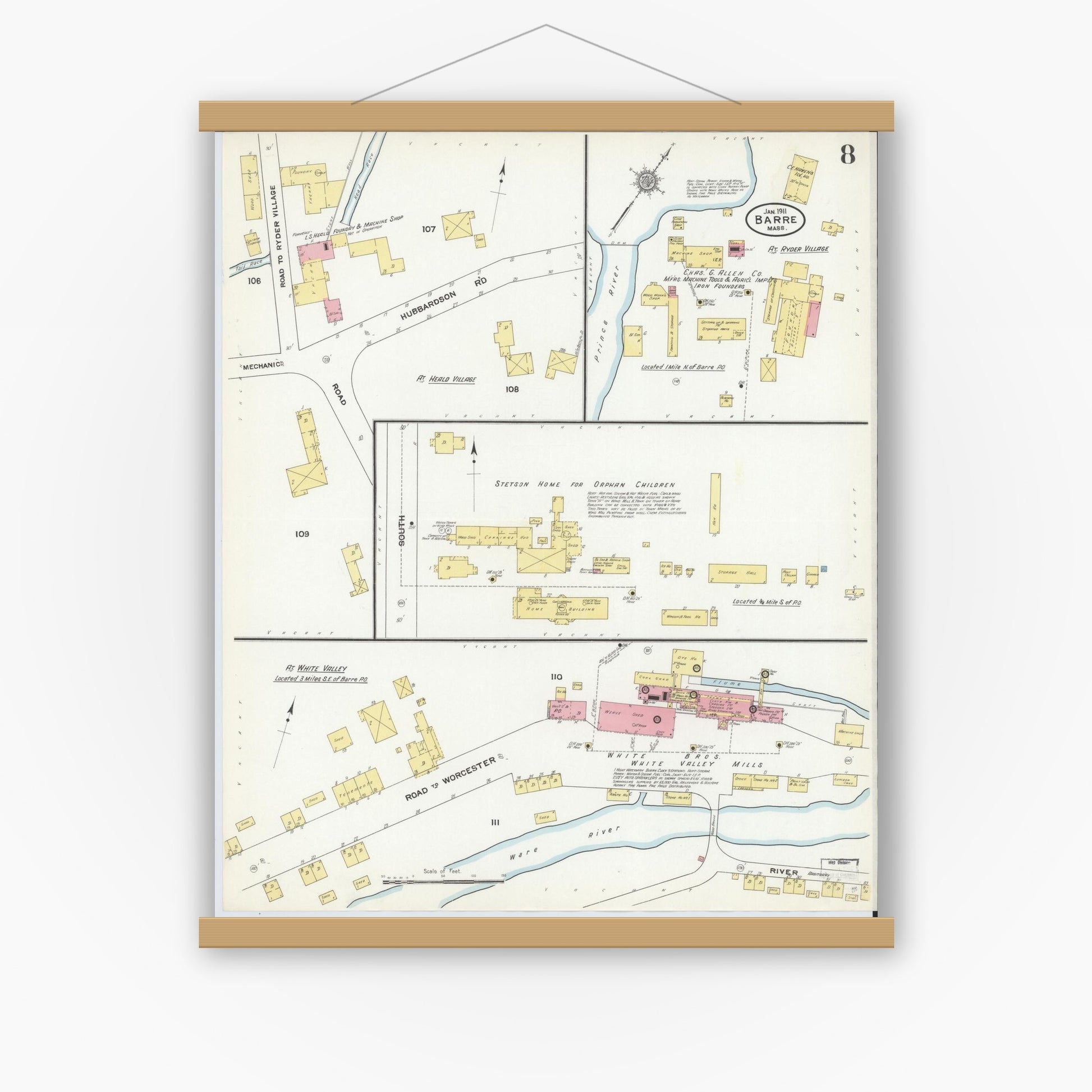 Old map wall art mockup — magnetic wood frame on white wall — Sanborn Fire Insurance Map from Barre, Worcester County, Massachusetts (1911), Sheet #0008