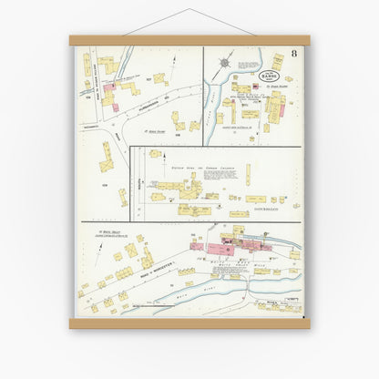 Old map wall art mockup — magnetic wood frame on white wall — Sanborn Fire Insurance Map from Barre, Worcester County, Massachusetts (1911), Sheet #0008