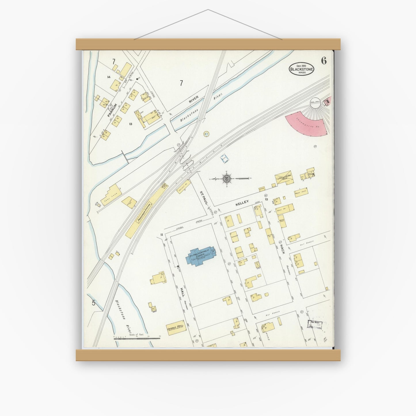 Old map wall art mockup — magnetic wood frame on white wall — Sanborn Fire Insurance Map from Blackstone, Worcester County, Massachusetts (1910), Sheet #0006