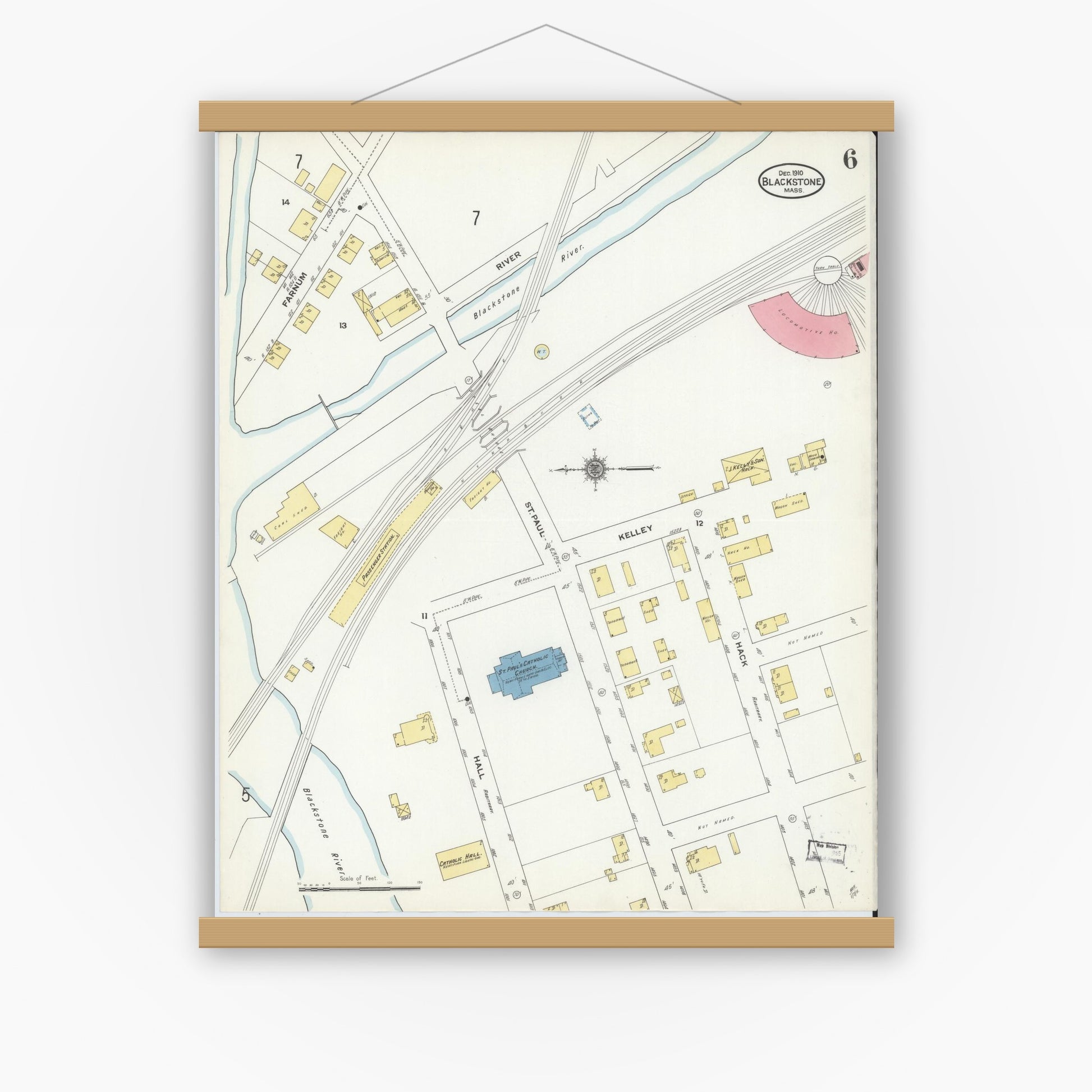 Old map wall art mockup — magnetic wood frame on white wall — Sanborn Fire Insurance Map from Blackstone, Worcester County, Massachusetts (1910), Sheet #0006