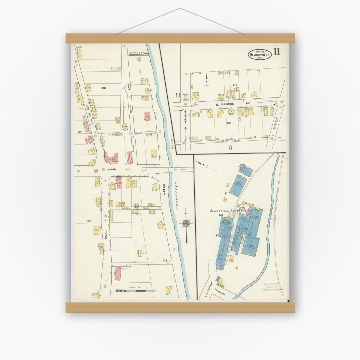 Old map wall art mockup — magnetic wood frame on white wall — Sanborn Fire Insurance Map from Blairsville, Indiana County, Pennsylvania (1915), Sheet #0011