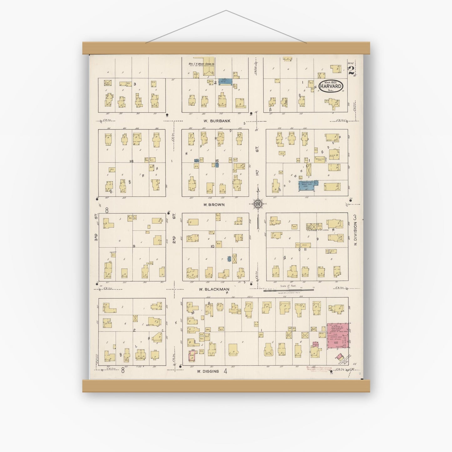 Old map wall art mockup — magnetic wood frame on white wall — Sanborn Fire Insurance Map from Harvard, McHenry County, Illinois (1922), Sheet #0002