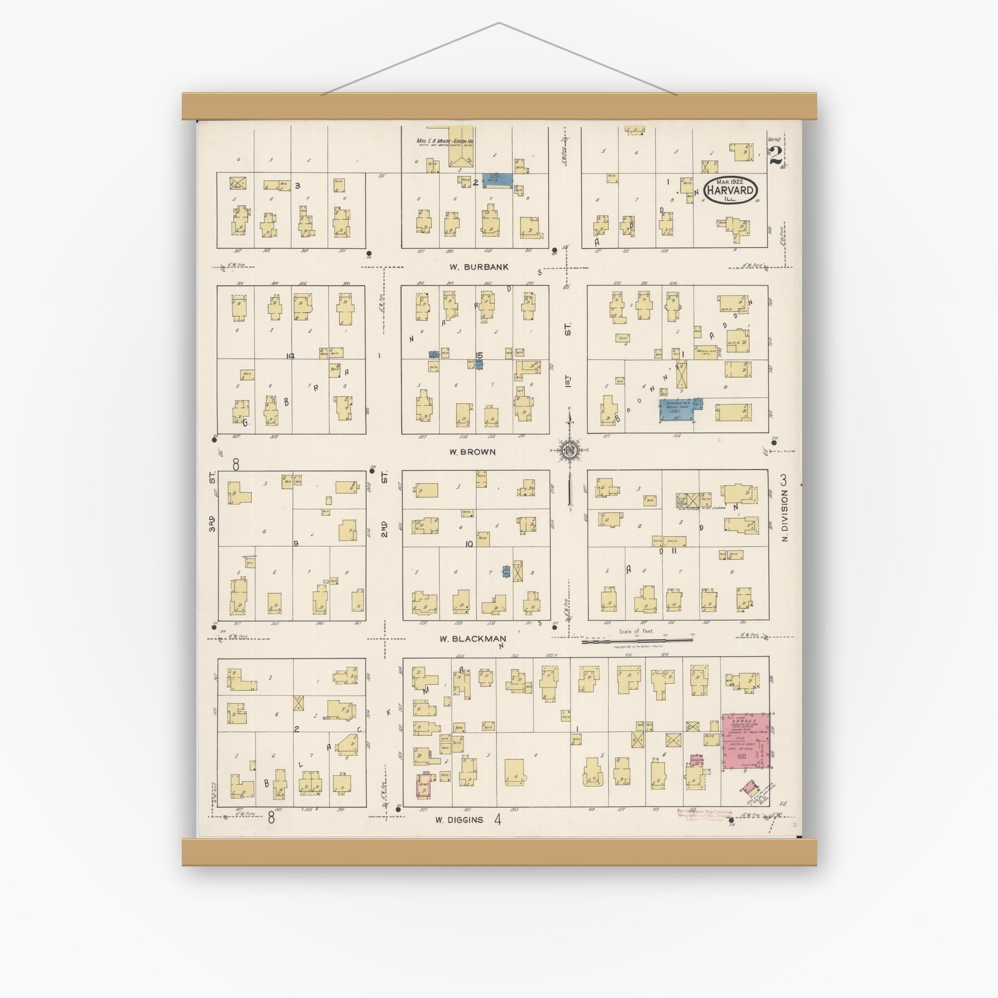Old map wall art mockup — magnetic wood frame on white wall — Sanborn Fire Insurance Map from Harvard, McHenry County, Illinois (1922), Sheet #0002