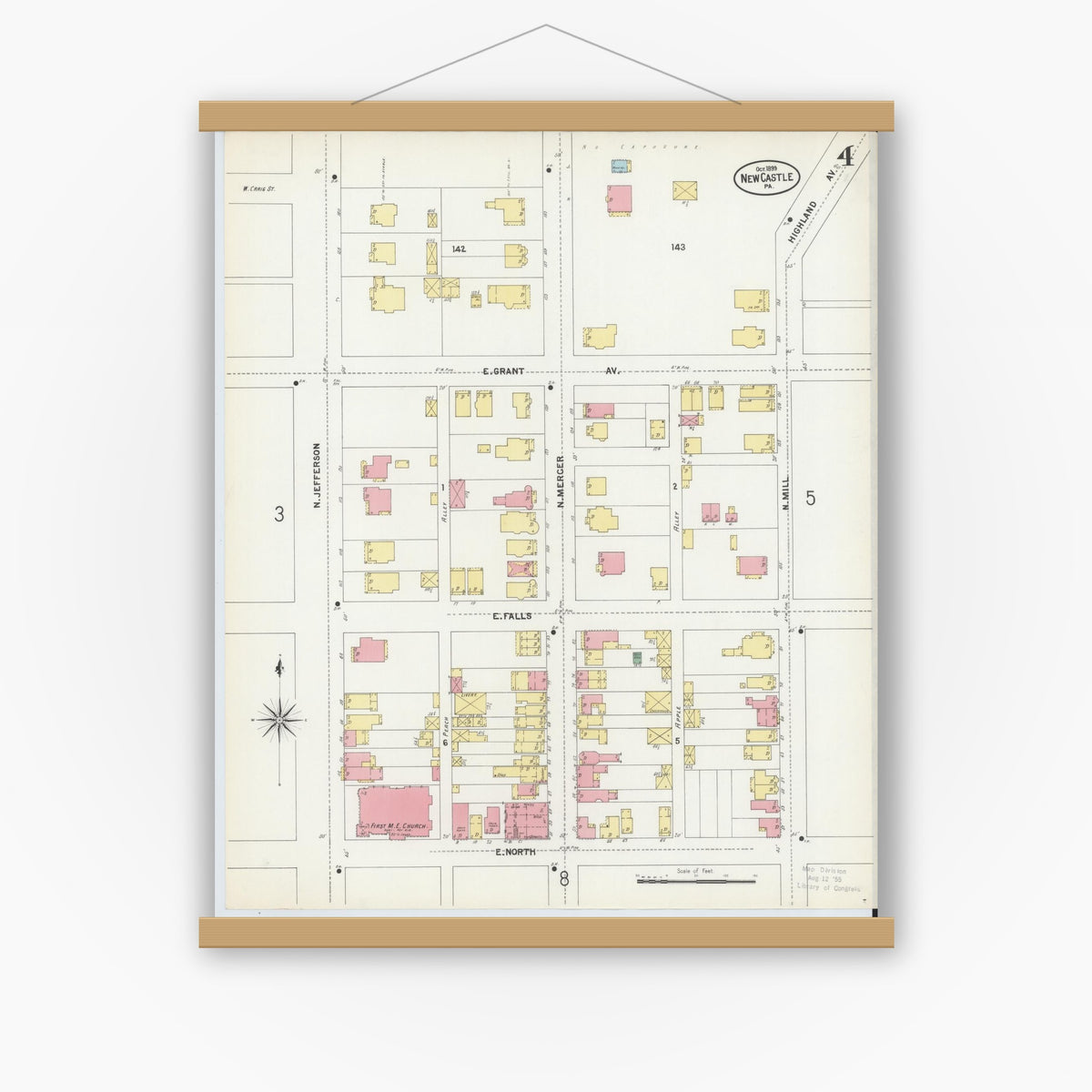 Old map wall art mockup — magnetic wood frame on white wall — Sanborn Fire Insurance Map from New Castle, Lawrence County, Pennsylvania (1899), Sheet #0004