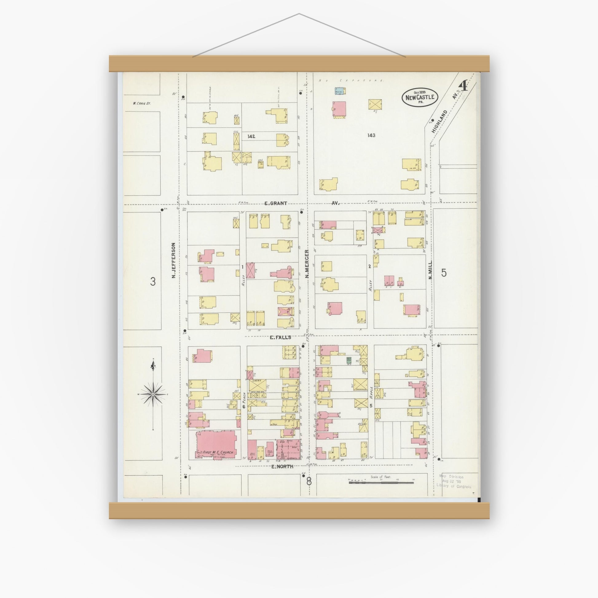 Old map wall art mockup — magnetic wood frame on white wall — Sanborn Fire Insurance Map from New Castle, Lawrence County, Pennsylvania (1899), Sheet #0004