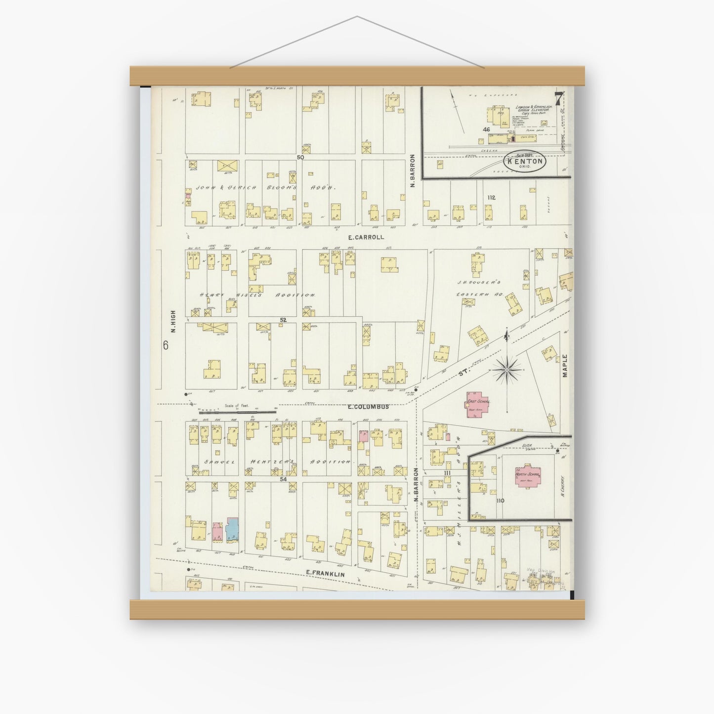 Old map wall art mockup — magnetic wood frame on white wall — Sanborn Fire Insurance Map from Kenton, Hardin County, Ohio (1897), Sheet #0007