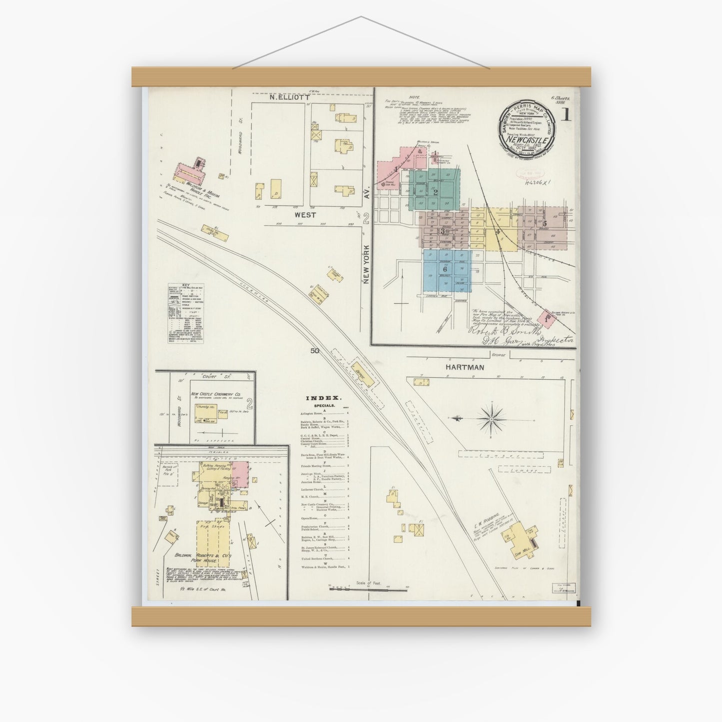 Old map wall art mockup — magnetic wood frame on white wall — Sanborn Fire Insurance Map from New Castle, Henry County, Indiana (1892) - Complete Map Set