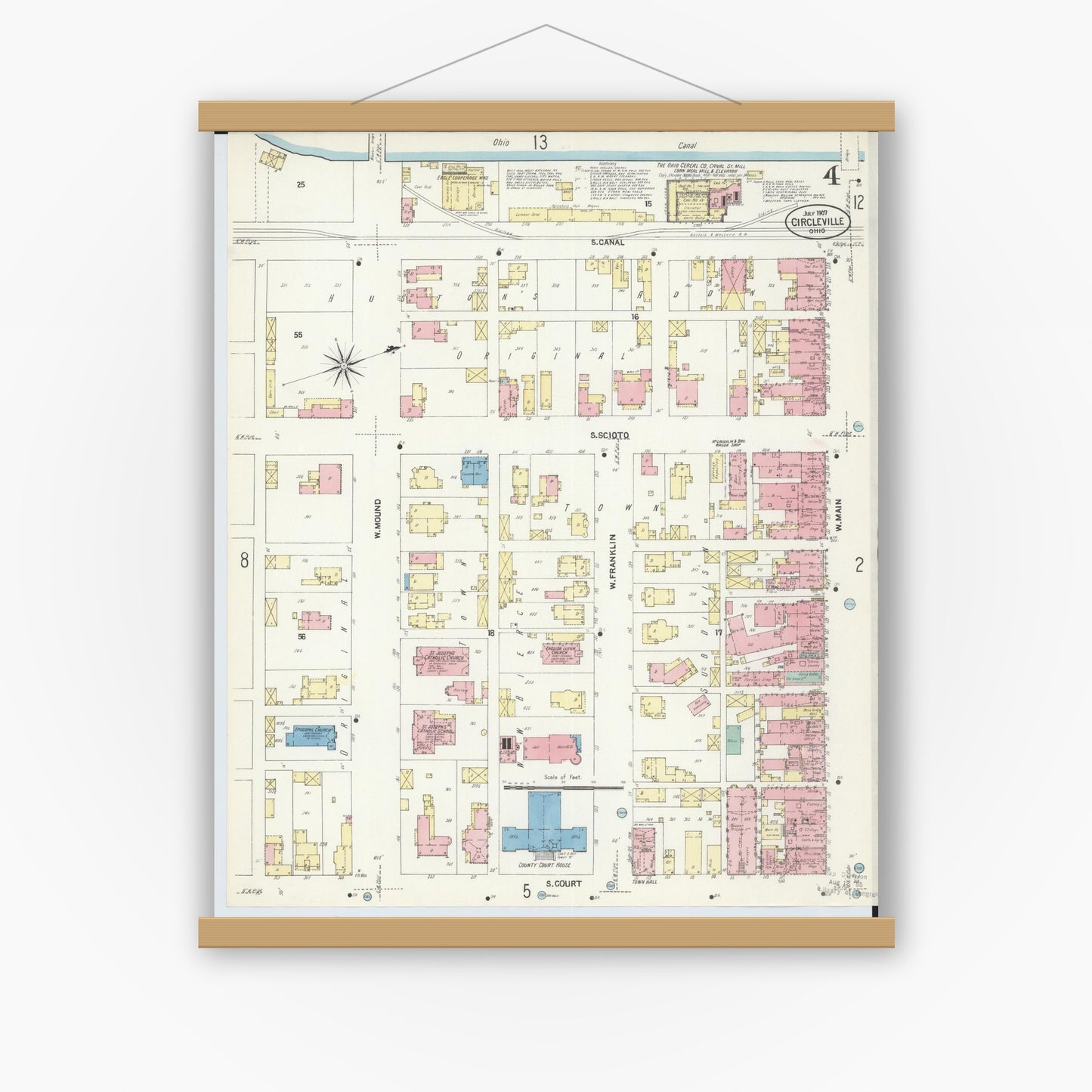 Old map wall art mockup — magnetic wood frame on white wall — Sanborn Fire Insurance Map from Circleville, Pickaway County, Ohio (1907), Sheet #0004