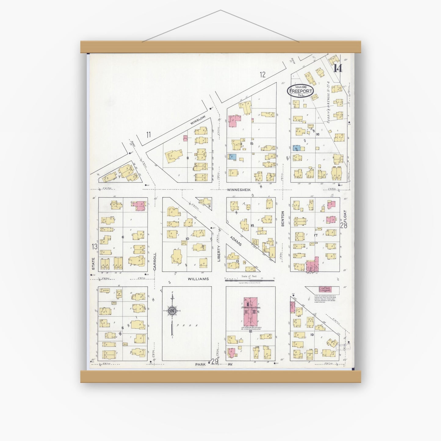 Old map wall art mockup — magnetic wood frame on white wall — Sanborn Fire Insurance Map from Freeport, Stephenson County, Illinois (1918), Sheet #0014