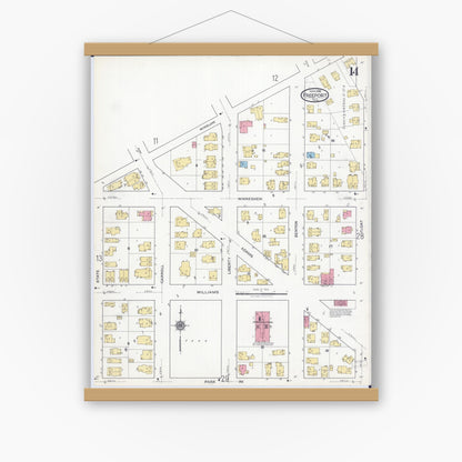 Old map wall art mockup — magnetic wood frame on white wall — Sanborn Fire Insurance Map from Freeport, Stephenson County, Illinois (1918), Sheet #0014