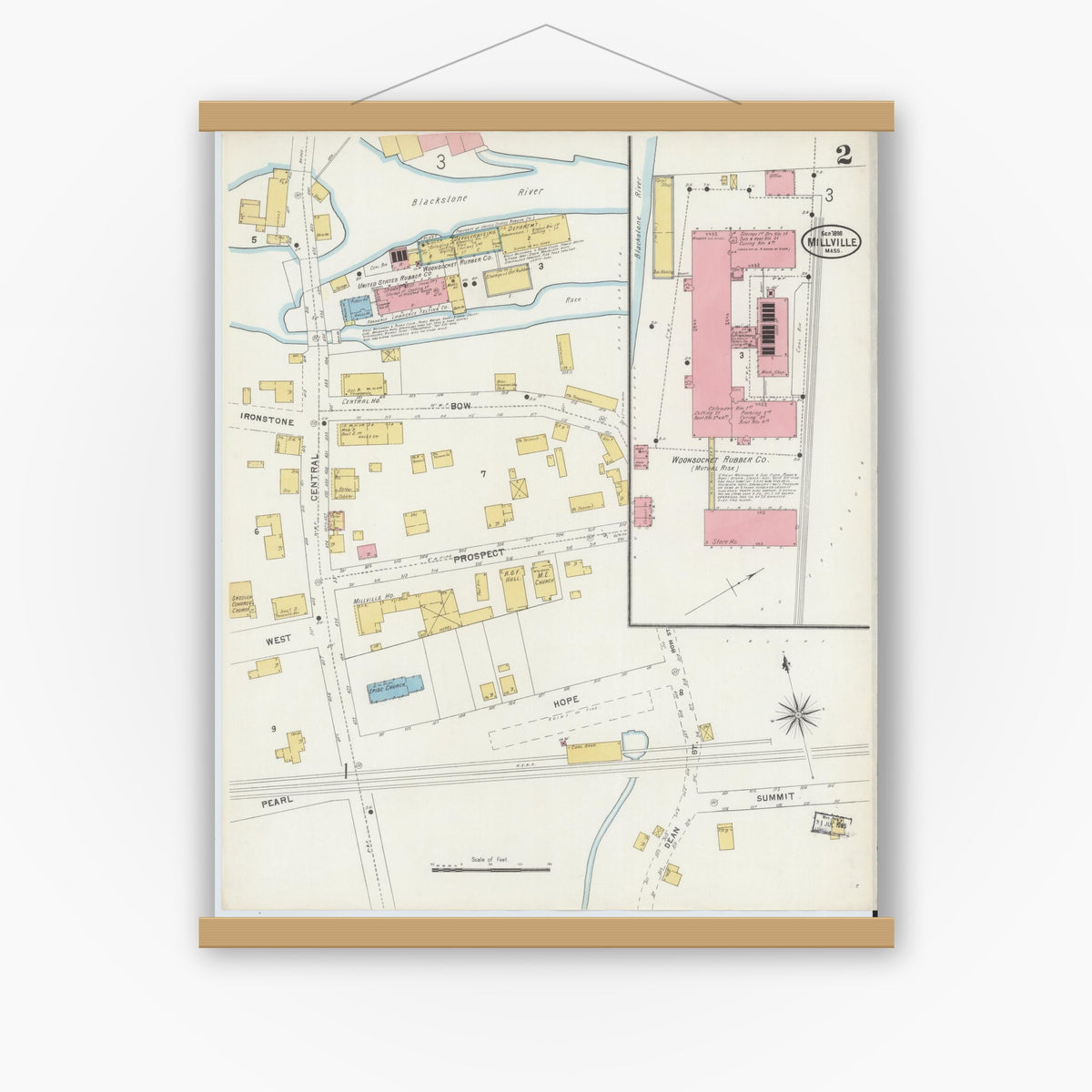 Old map wall art mockup — magnetic wood frame on white wall — Sanborn Fire Insurance Map from Millville, Worcester County, Massachusetts (1898), Sheet #0002