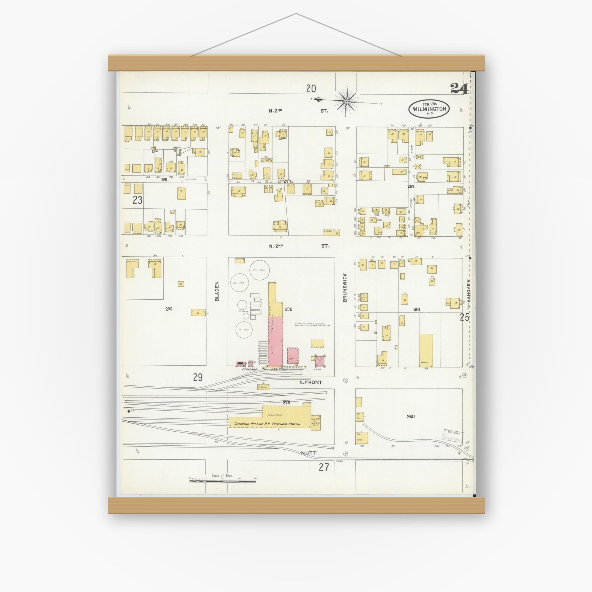 Old map wall art mockup — magnetic wood frame on white wall — Sanborn Fire Insurance Map from Wilmington, New Hanover County, North Carolina (1904), Sheet #0024