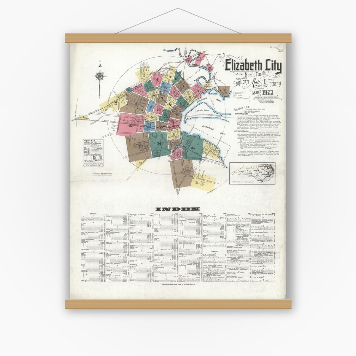 Old map wall art mockup — magnetic wood frame on white wall — Sanborn Fire Insurance Map from Elizabeth City, Pasquotank County, North Carolina (1923) - Complete Map Set