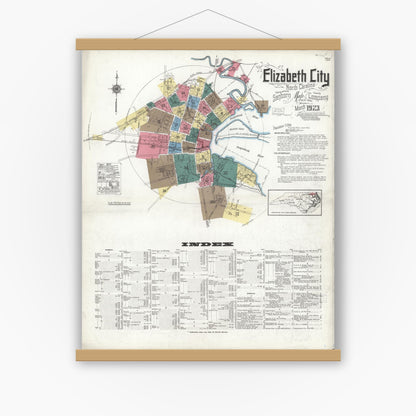 Old map wall art mockup — magnetic wood frame on white wall — Sanborn Fire Insurance Map from Elizabeth City, Pasquotank County, North Carolina (1923) - Complete Map Set